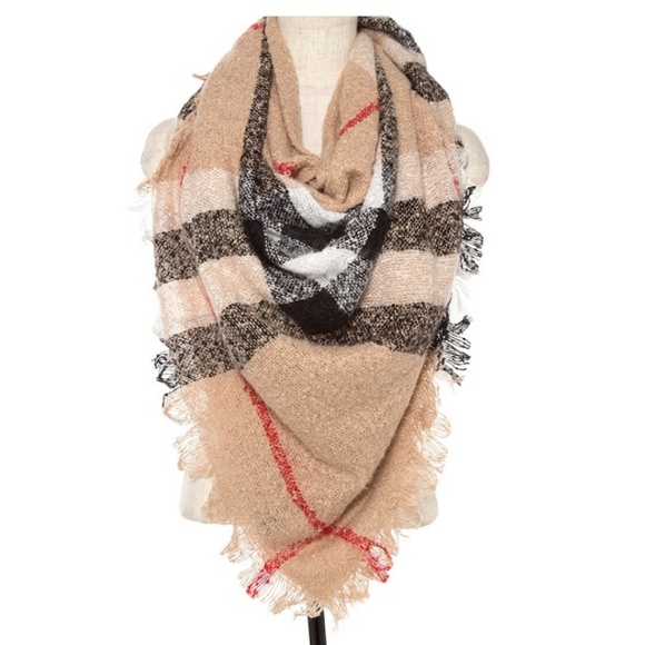 Brown & Red Plaid Fringe Fall Blanket Scarf Ruana - Picture 3 of 3